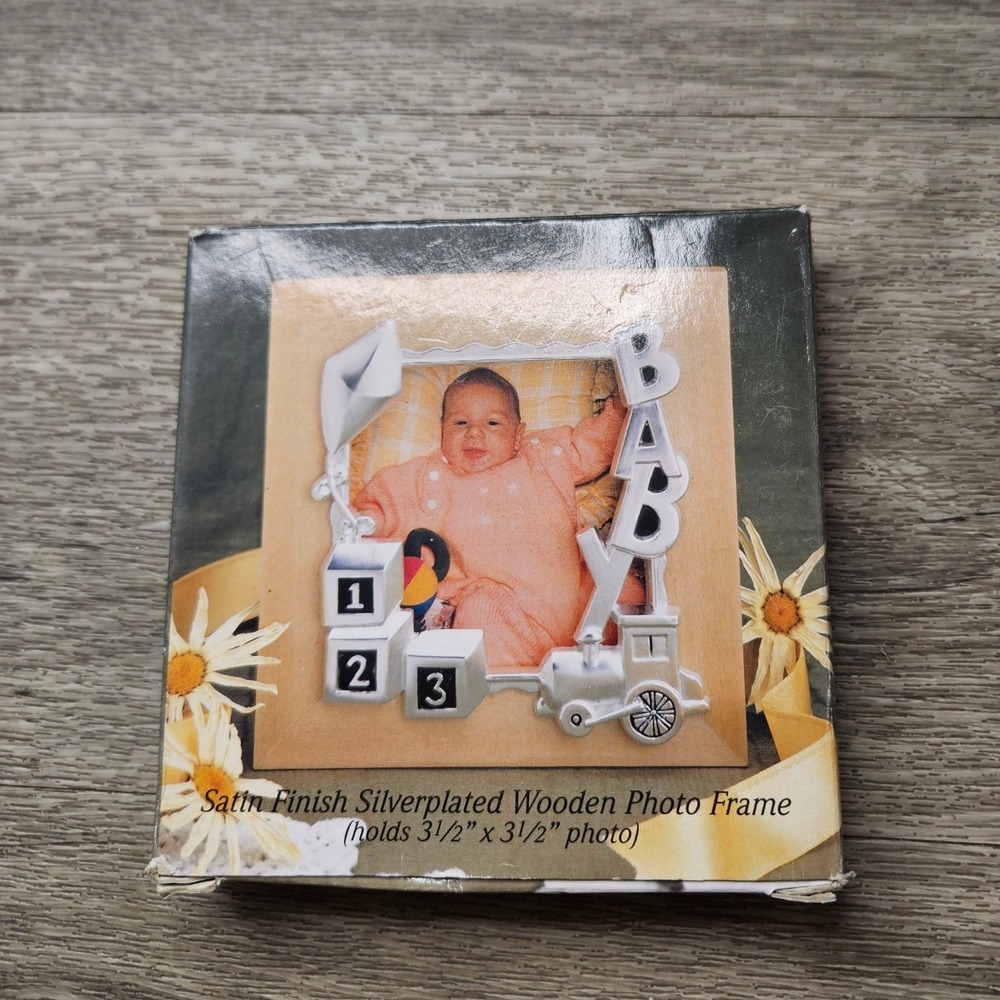 Vintage 1999 Godinger Silver Baby Photo Frame Train Blocks 3.5x3.5 NEW Nostalgic
